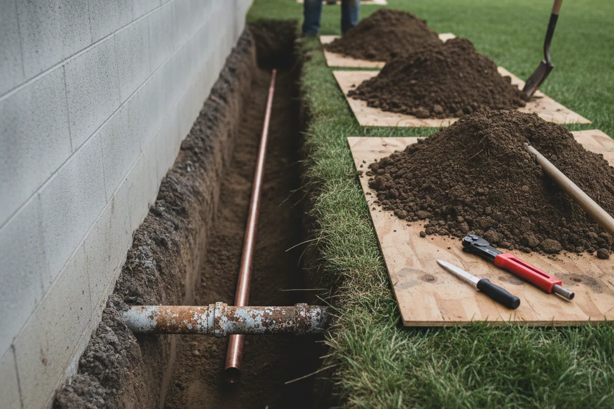 Excavated water line trench during Sewer Line Repair in Bloomingdale